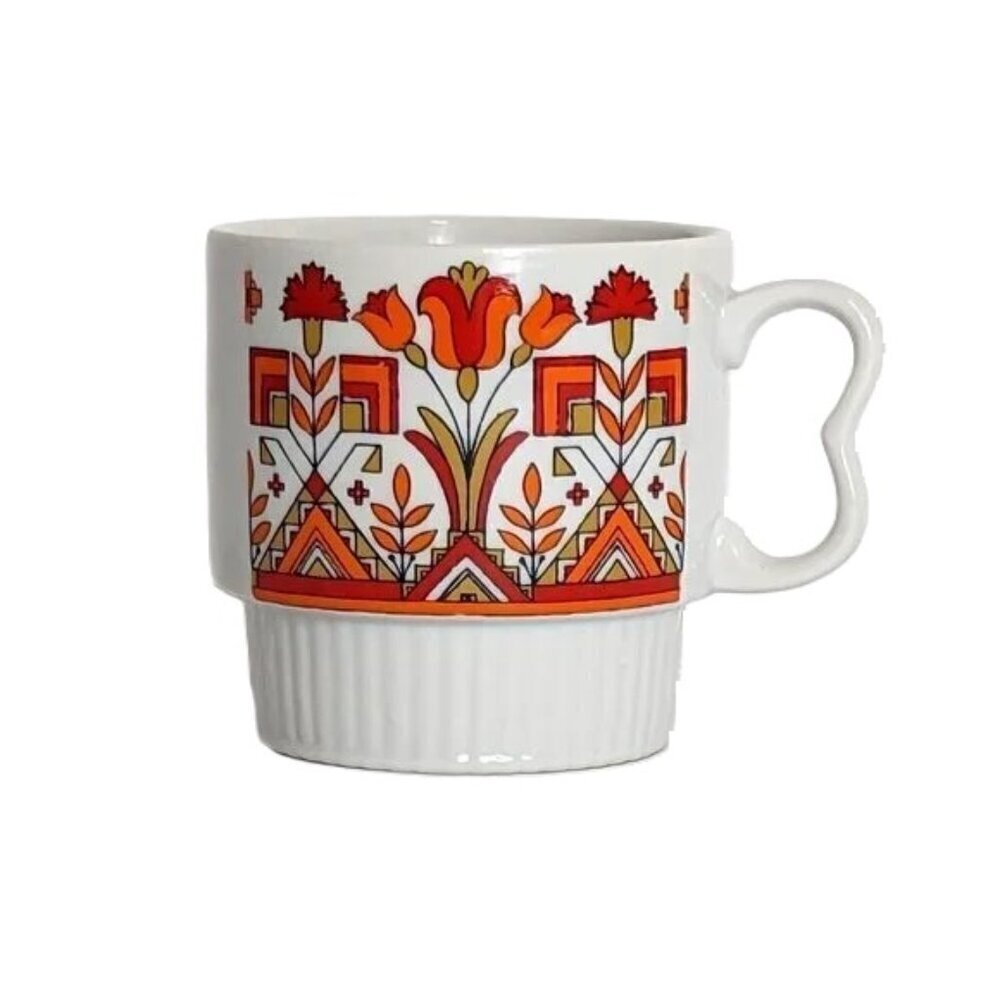 Vintage Folk Art Mug Mid Century Floral Heart Shaped Handle Cottagecore Ceramic